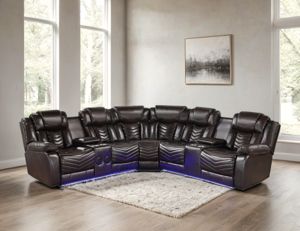 Front angle of Ace Brown Gel Leather Reclining Sectional with recliners