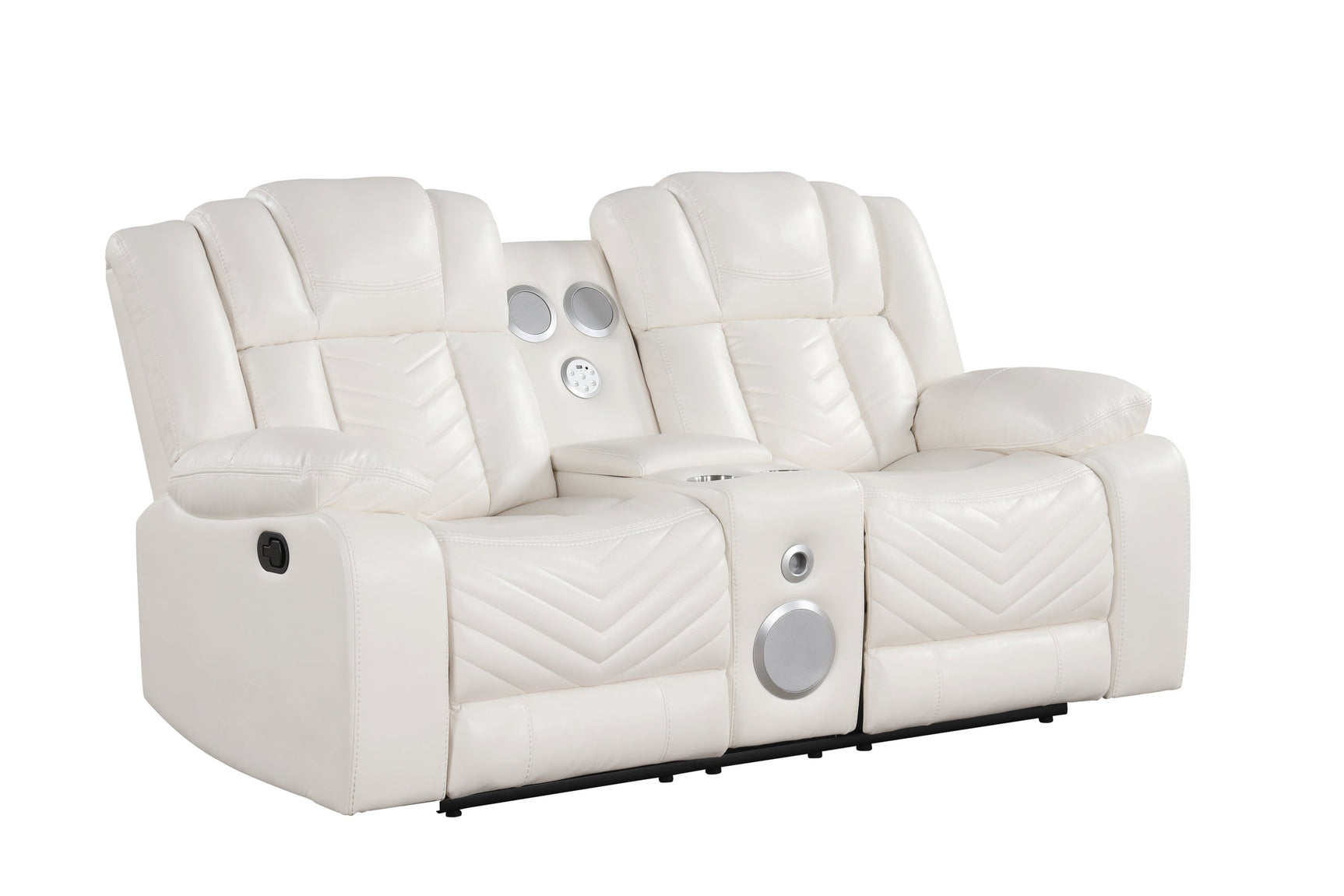 Side view of Ace White reclining sofa with drop-down table