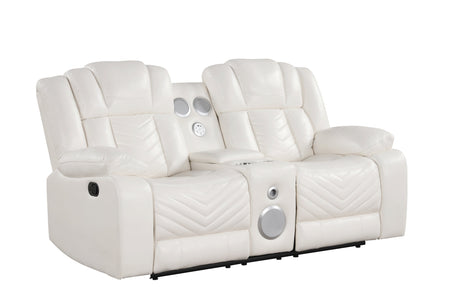 Side view of Ace White reclining sofa with drop-down table