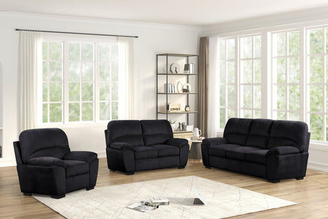 Tiffany black fabric 3-piece living room set side view