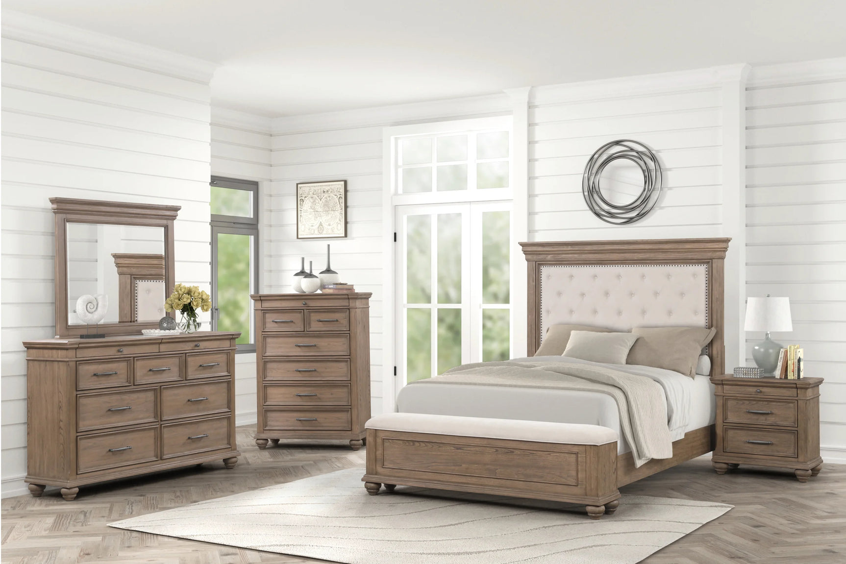 Bedroom view featuring Nashville Light Brown Upholstered Tufted Panel Bed