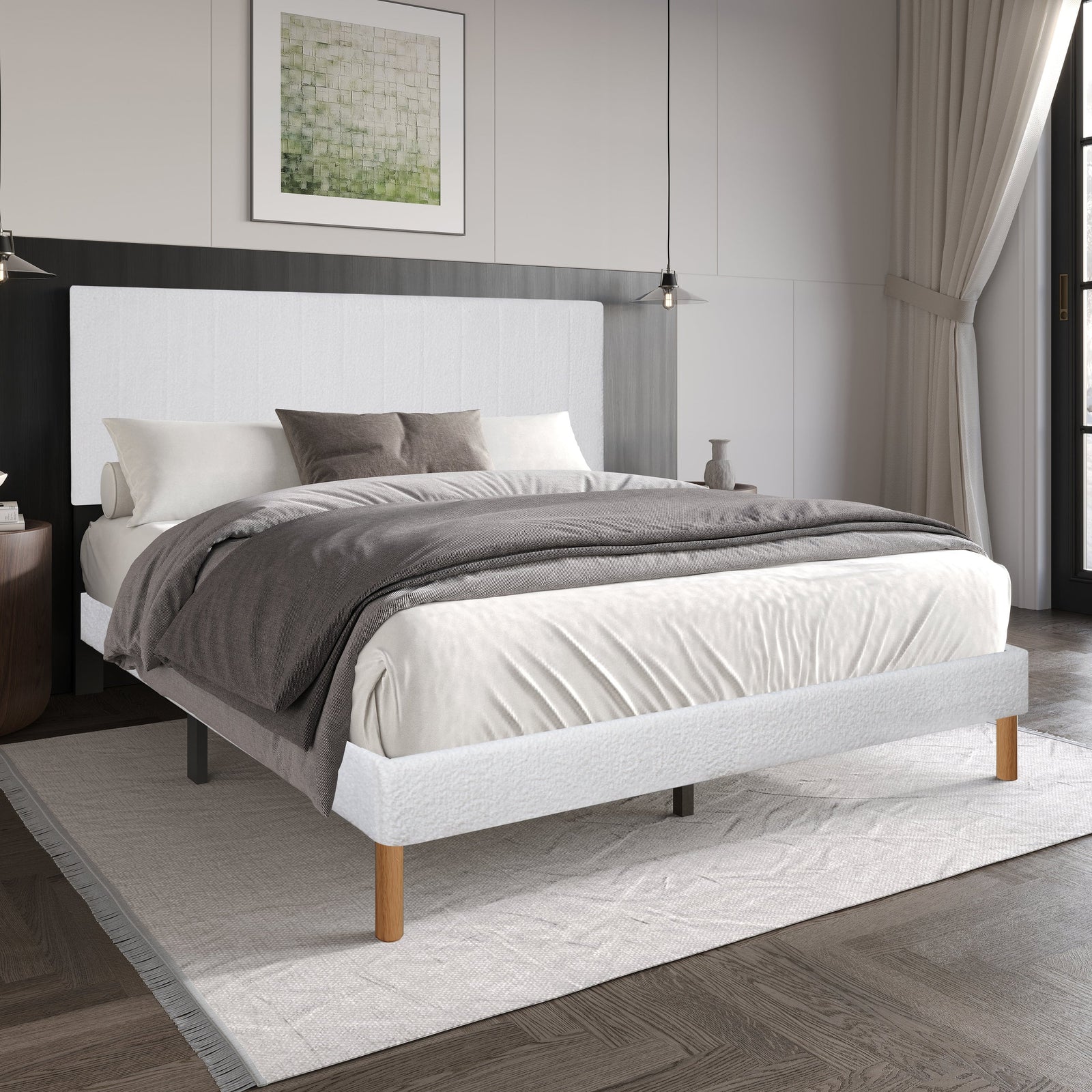 Heiden White Upholstered Platform Queen Bed