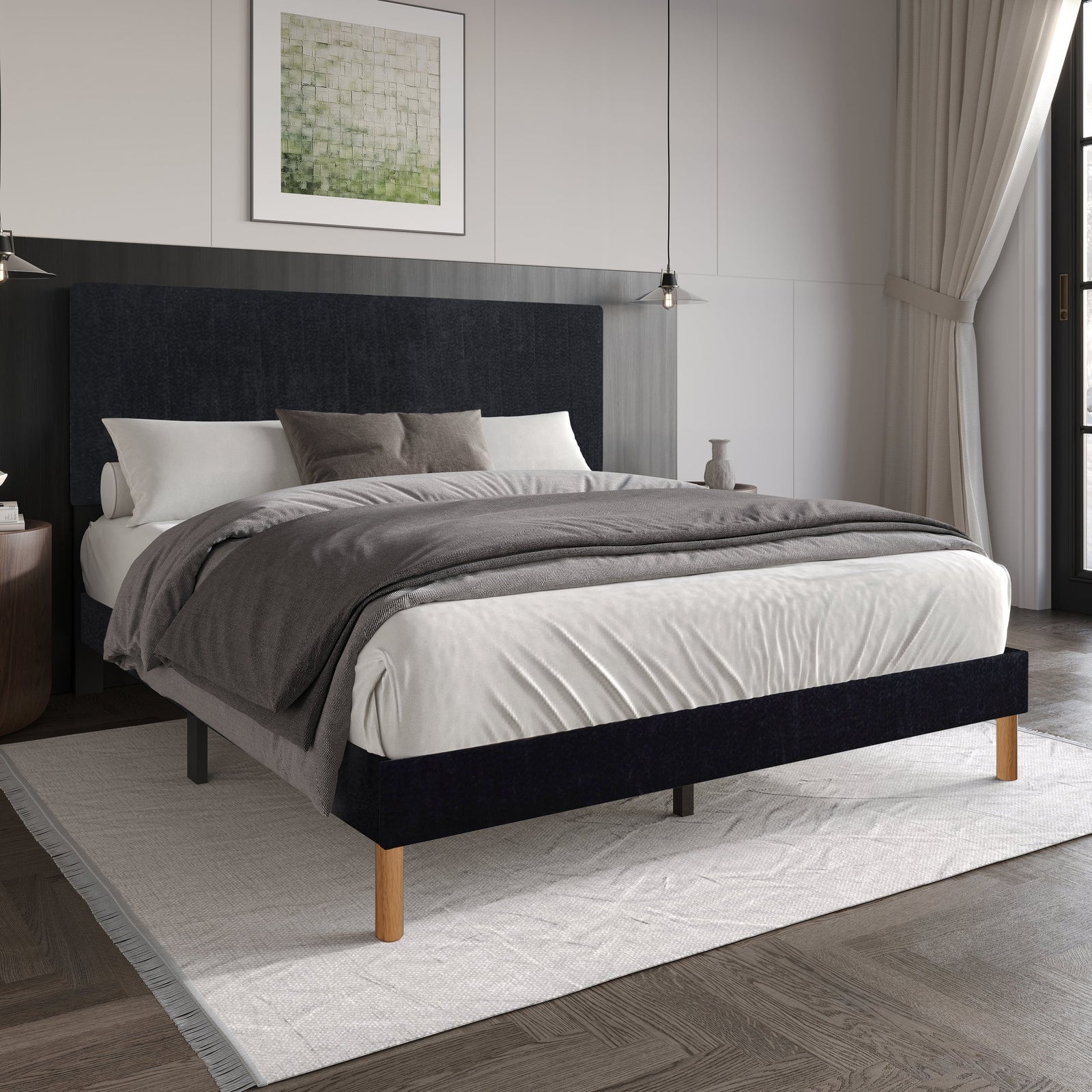 Harry Black Upholstered Platform King Bed