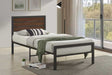 Bema twin metal platform bed with textured gray finish and wood panel headboard