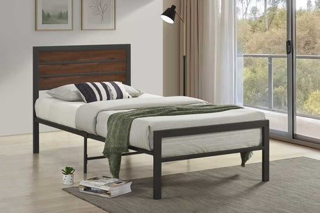 Bema twin metal platform bed with textured gray finish and wood panel headboard