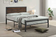 Front view of Bema full-size brown metal platform bed with wood panel headboard