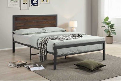 Front view of Bema full-size brown metal platform bed with wood panel headboard