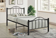 Black metal twin platform bed frame from front angle
