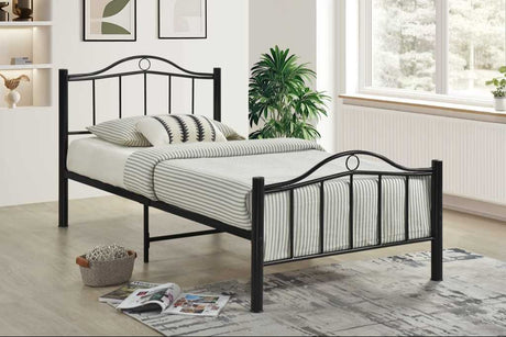Black metal twin platform bed frame from front angle