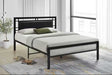 Bema black full upholstered metal platform bed front and side view