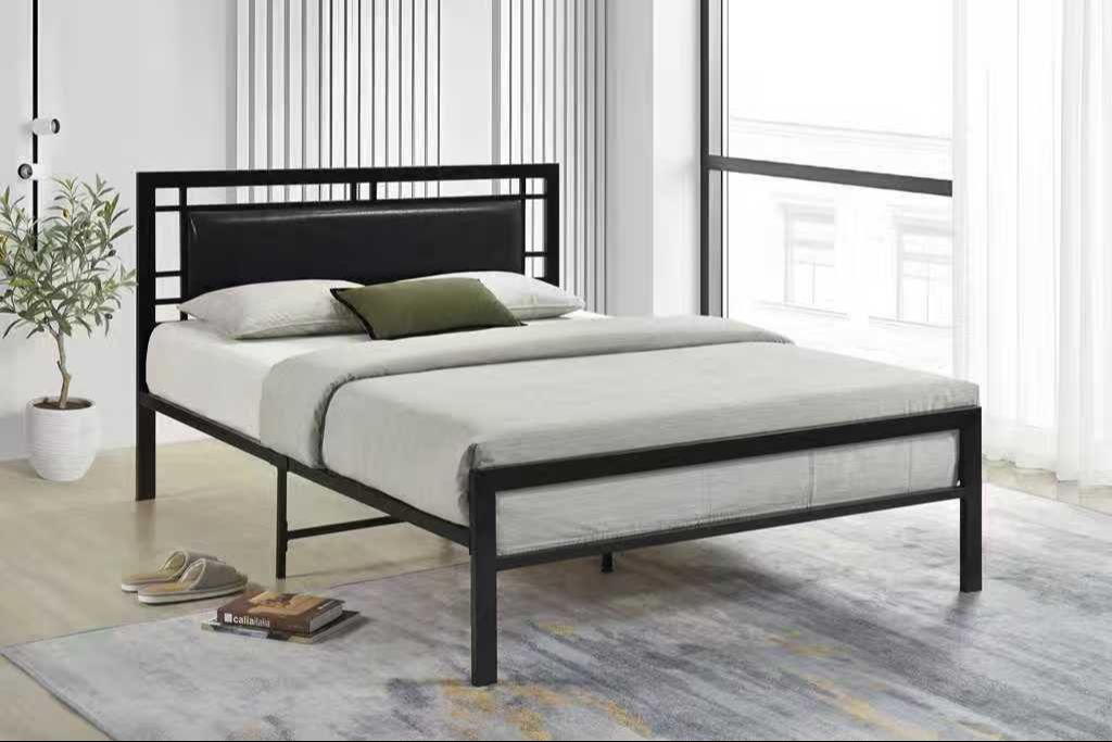 Bema black full upholstered metal platform bed front and side view