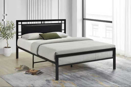 Bema black full upholstered metal platform bed front and side view