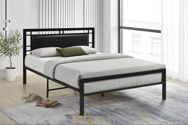 Bema black full upholstered metal platform bed front and side view