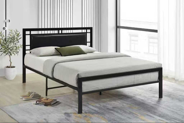 Bema black full upholstered metal platform bed front and side view