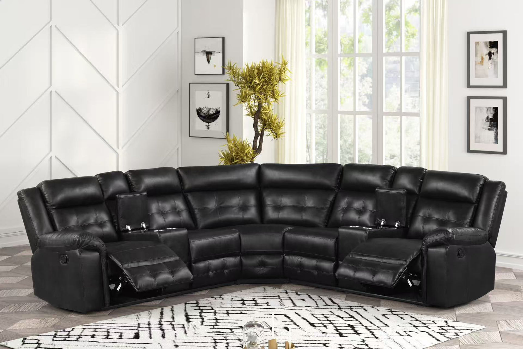 Front view of Jacob Black black leather gel reclining sectional sofa