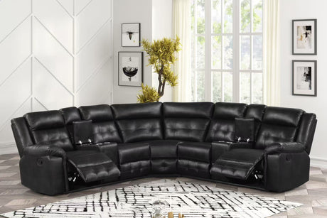 Front view of Jacob Black black leather gel reclining sectional sofa