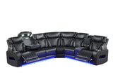 Close-up of power reclining mechanism on black leather sectional