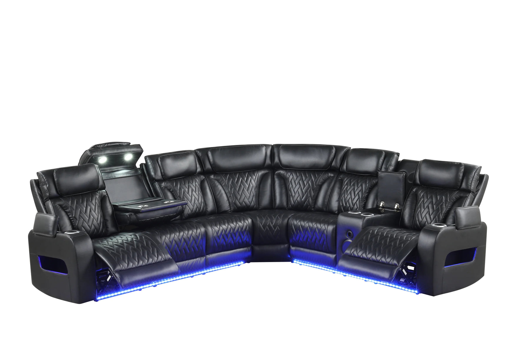 Close-up of power reclining mechanism on black leather sectional