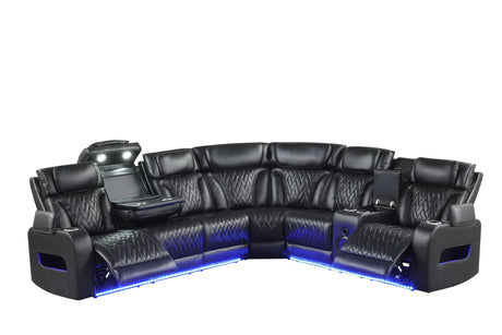 Close-up of power reclining mechanism on black leather sectional