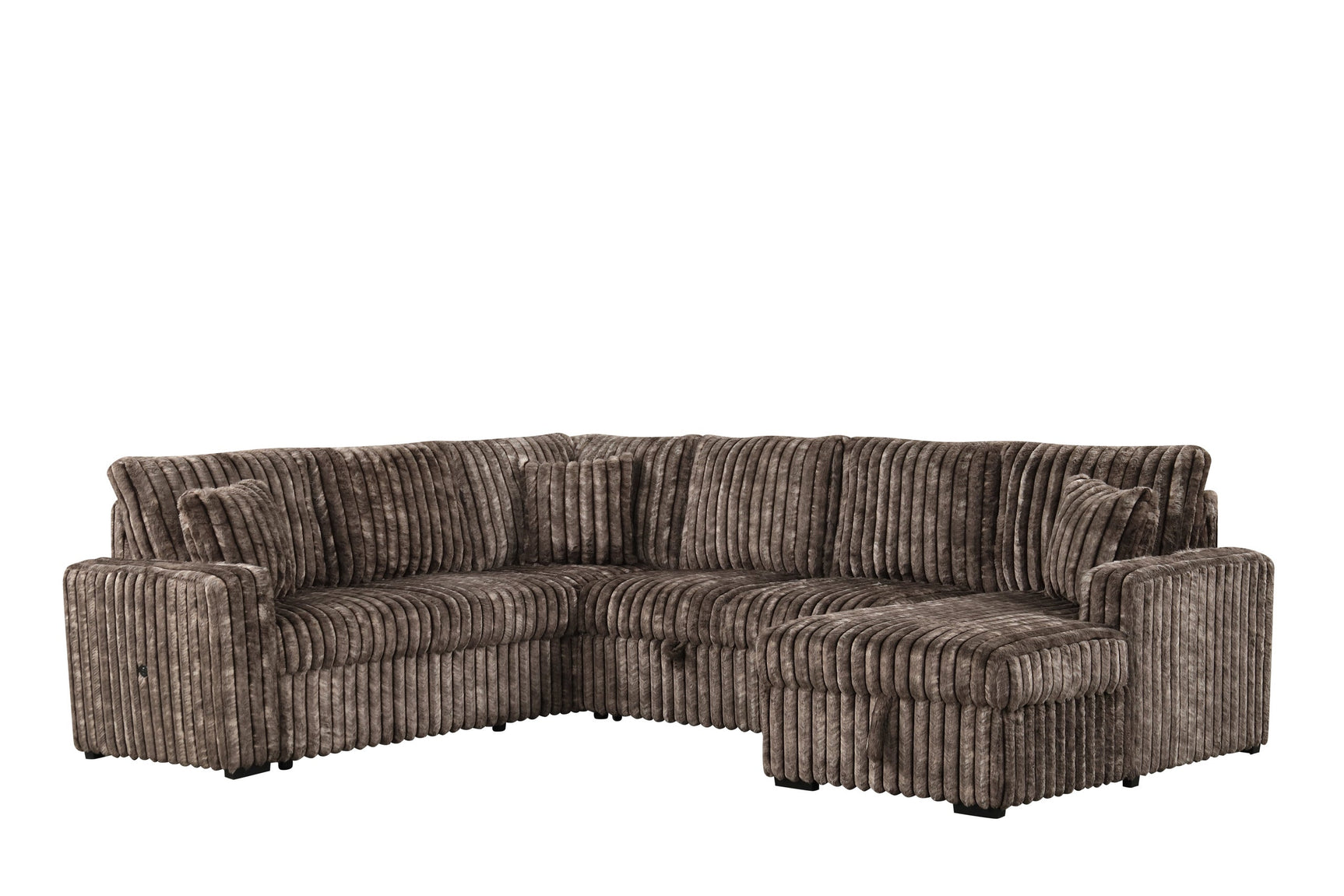 Side view of Sonic Brown sectional sofa highlighting pull-out bed and USB ports