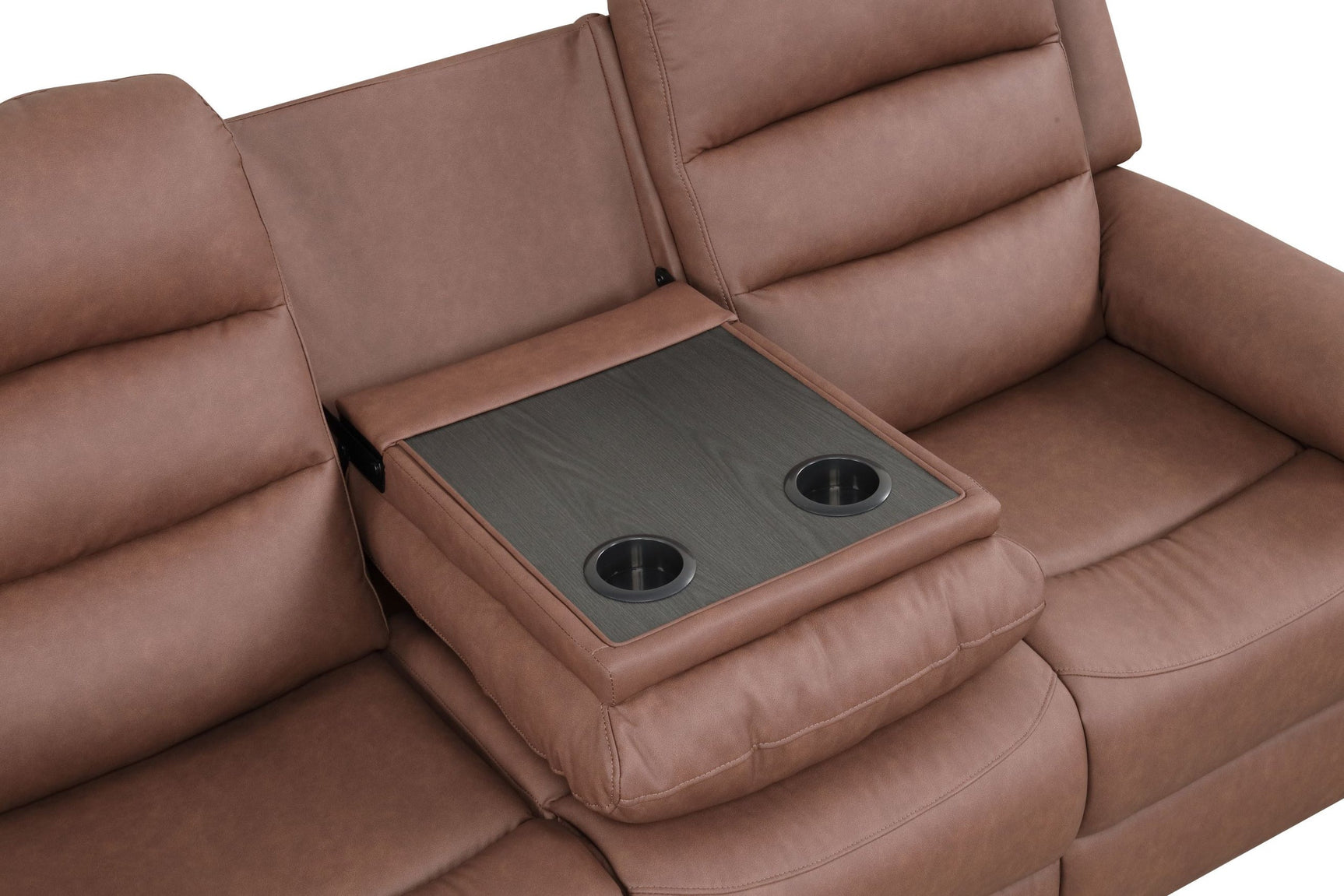 Close-up of cupholders on Hope sofa's drop-down table