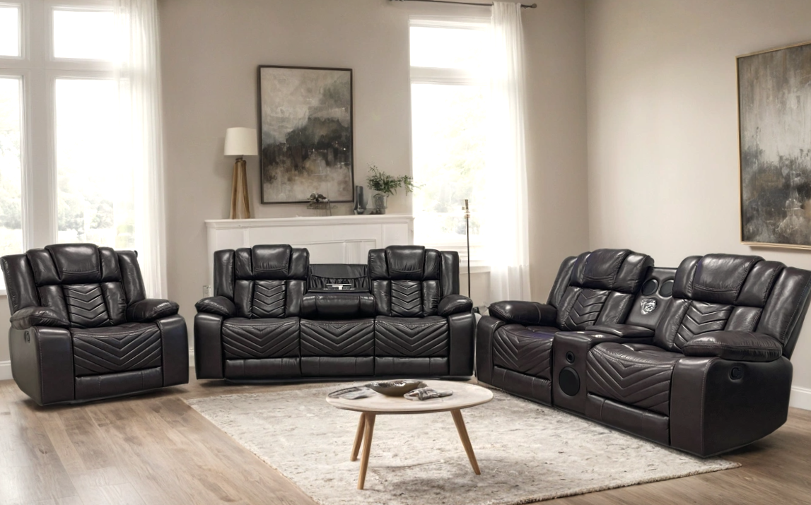 Brown leather gel loveseat with Bluetooth subwoofer speaker