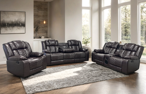 Brown leather gel reclining sofa set angled view