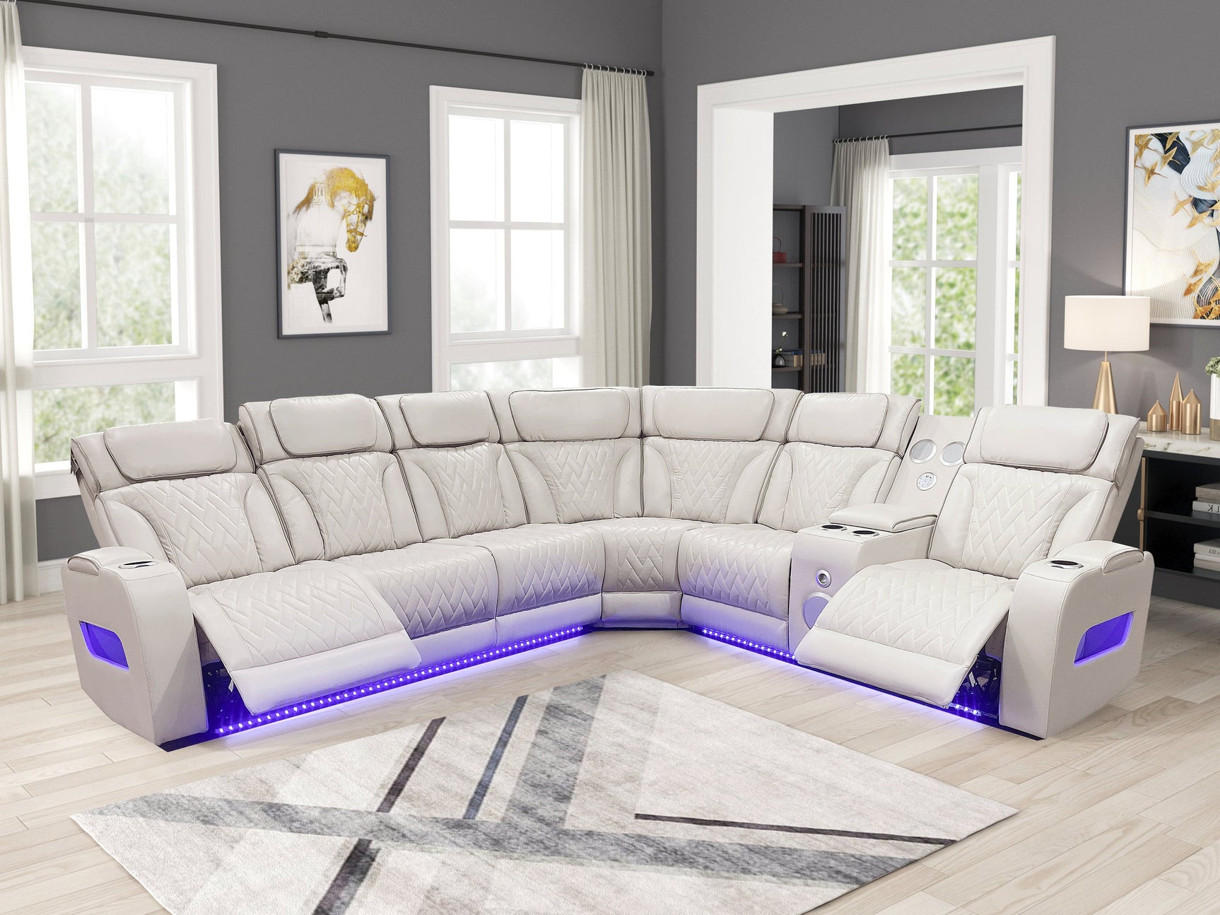 Power headrest and footrest reclined on Barcelona sectional
