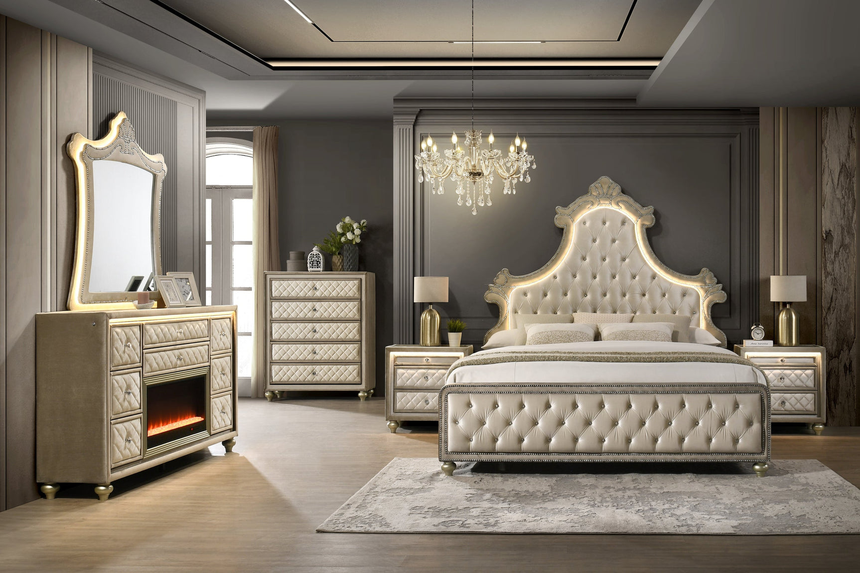 Majesty Beige Upholstered Tufted LED Panel Bedroom Set bed side angle
