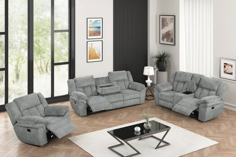 Side angle of Dallas Gray reclining sofa set showing drop-down table