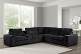 Close-up of storage console and Bluetooth speaker controls on the Amelia Onyx sectional