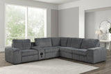 Amelia charcoal sectional showing power recline and storage console