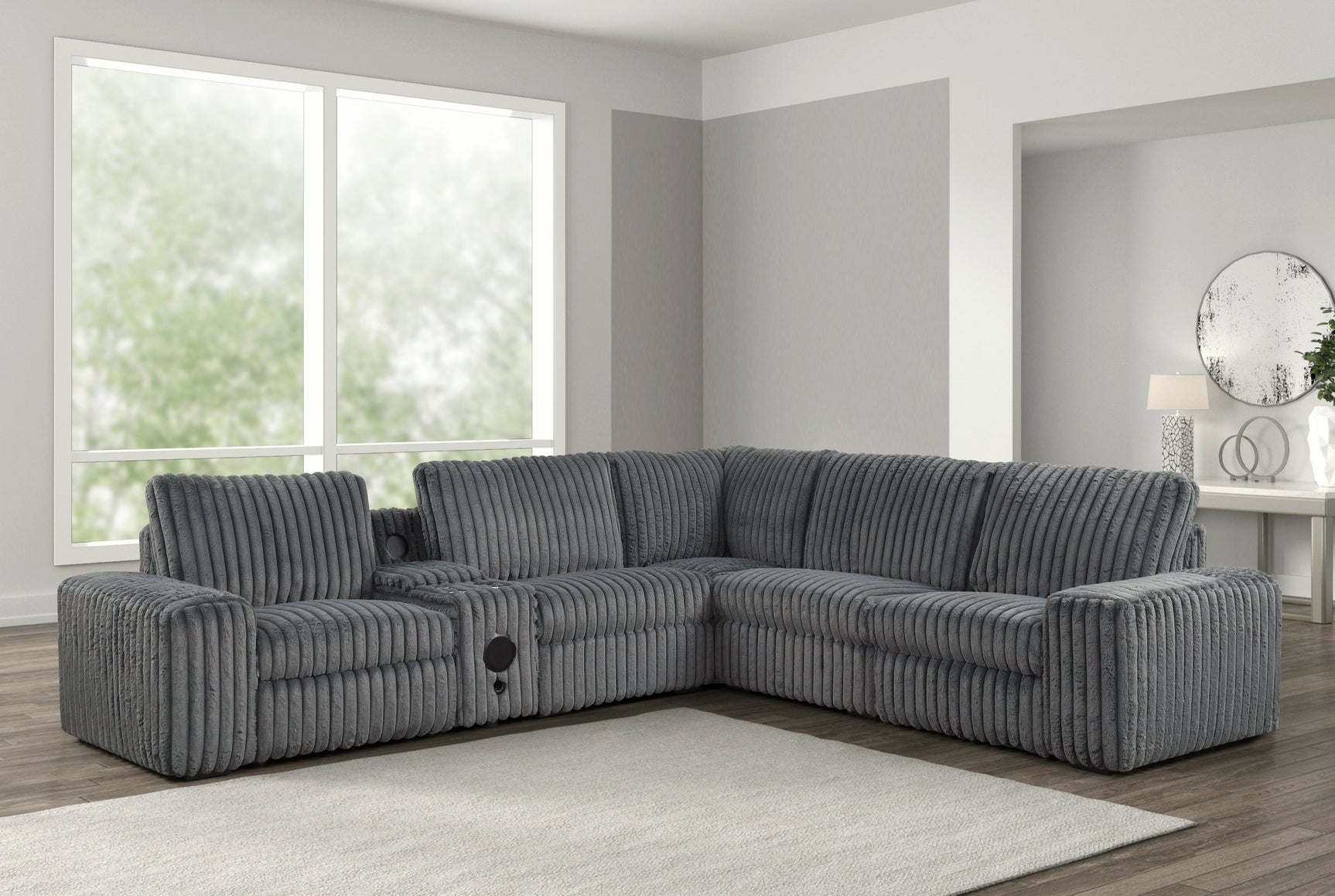 Amelia charcoal sectional showing power recline and storage console