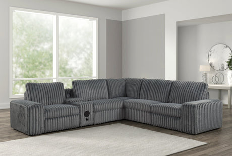 Amelia charcoal sectional showing power recline and storage console