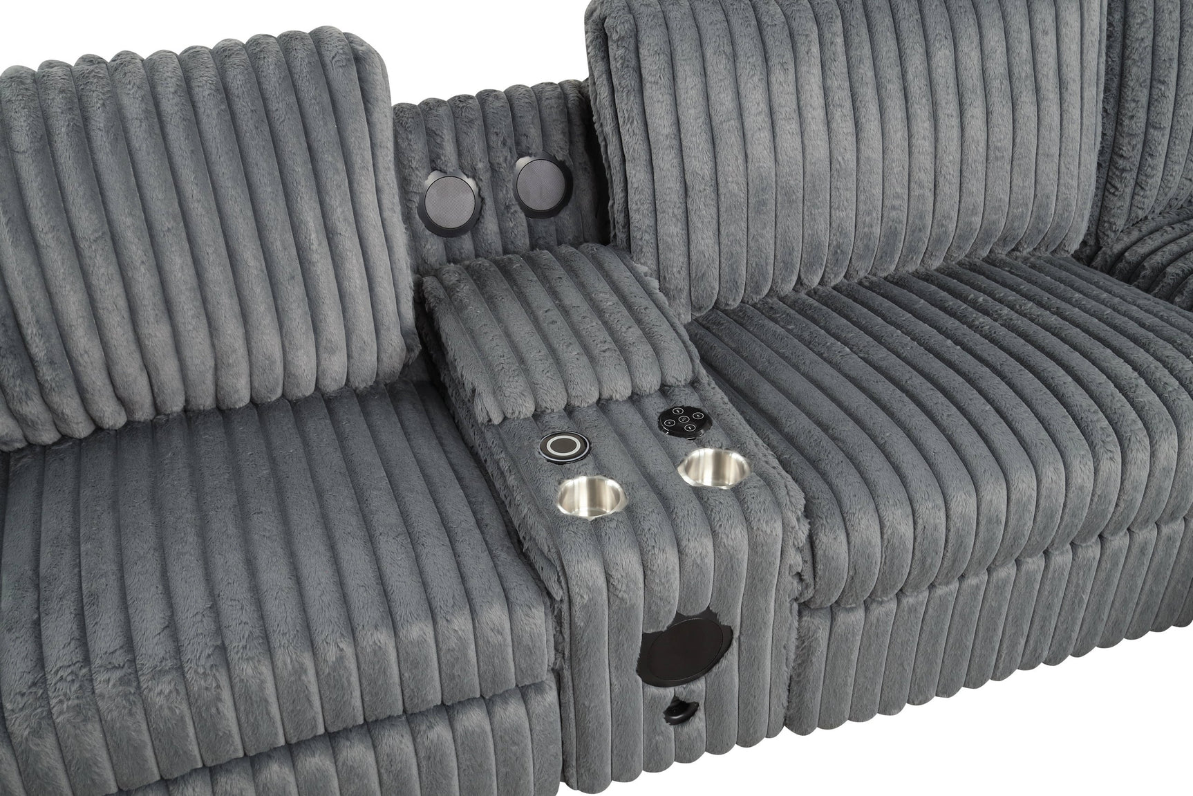 Amelia charcoal sectional with Bluetooth speaker detail