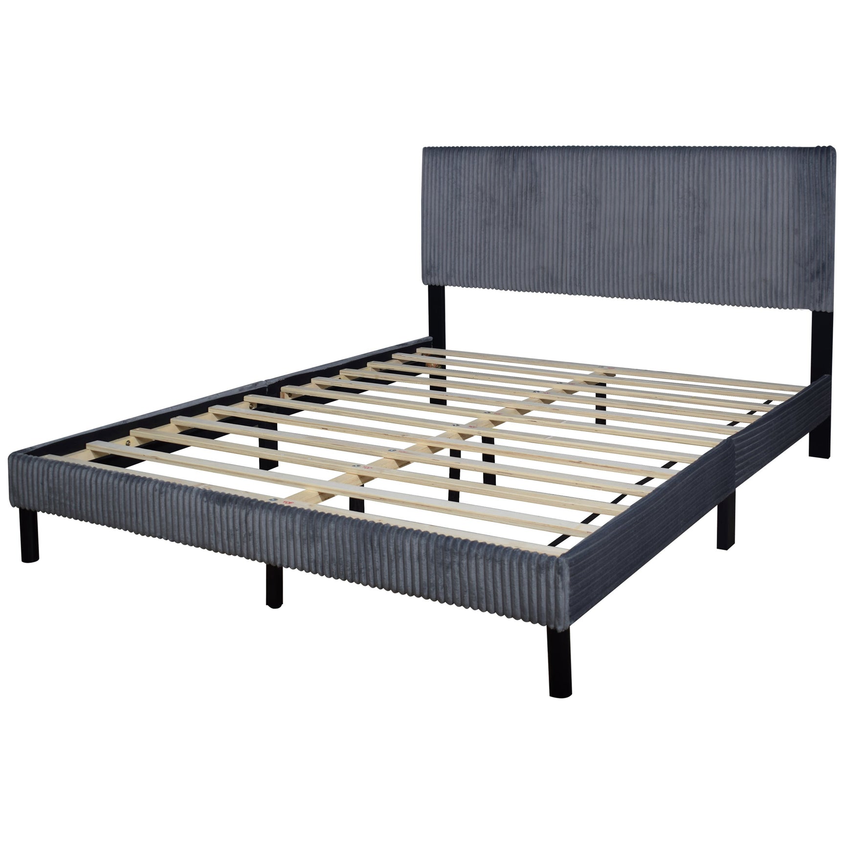 Side view of Helen Gray cord fabric platform queen bed