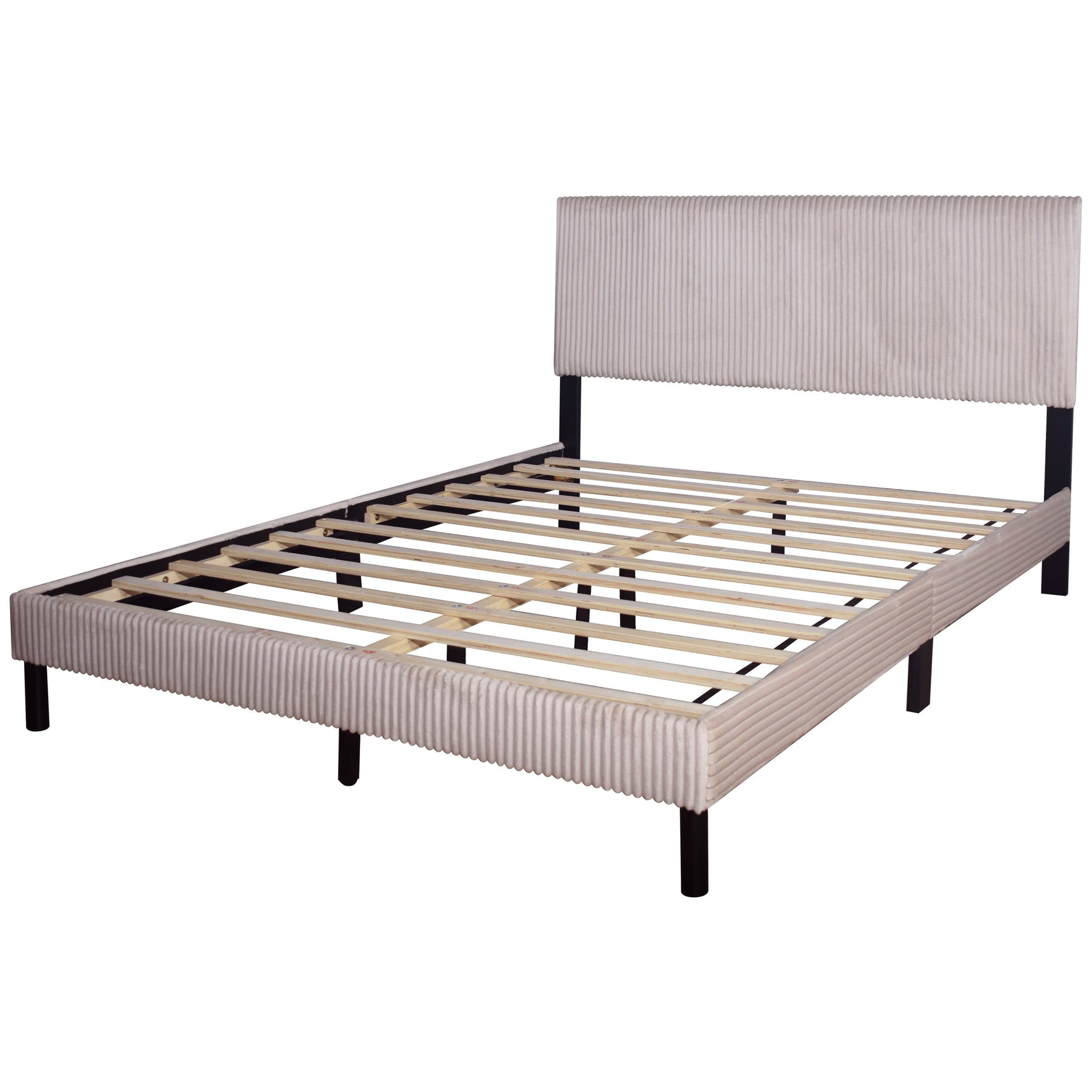 Side angle of Helen Beige Cord Fabric Full Platform Bed showing fabric texture