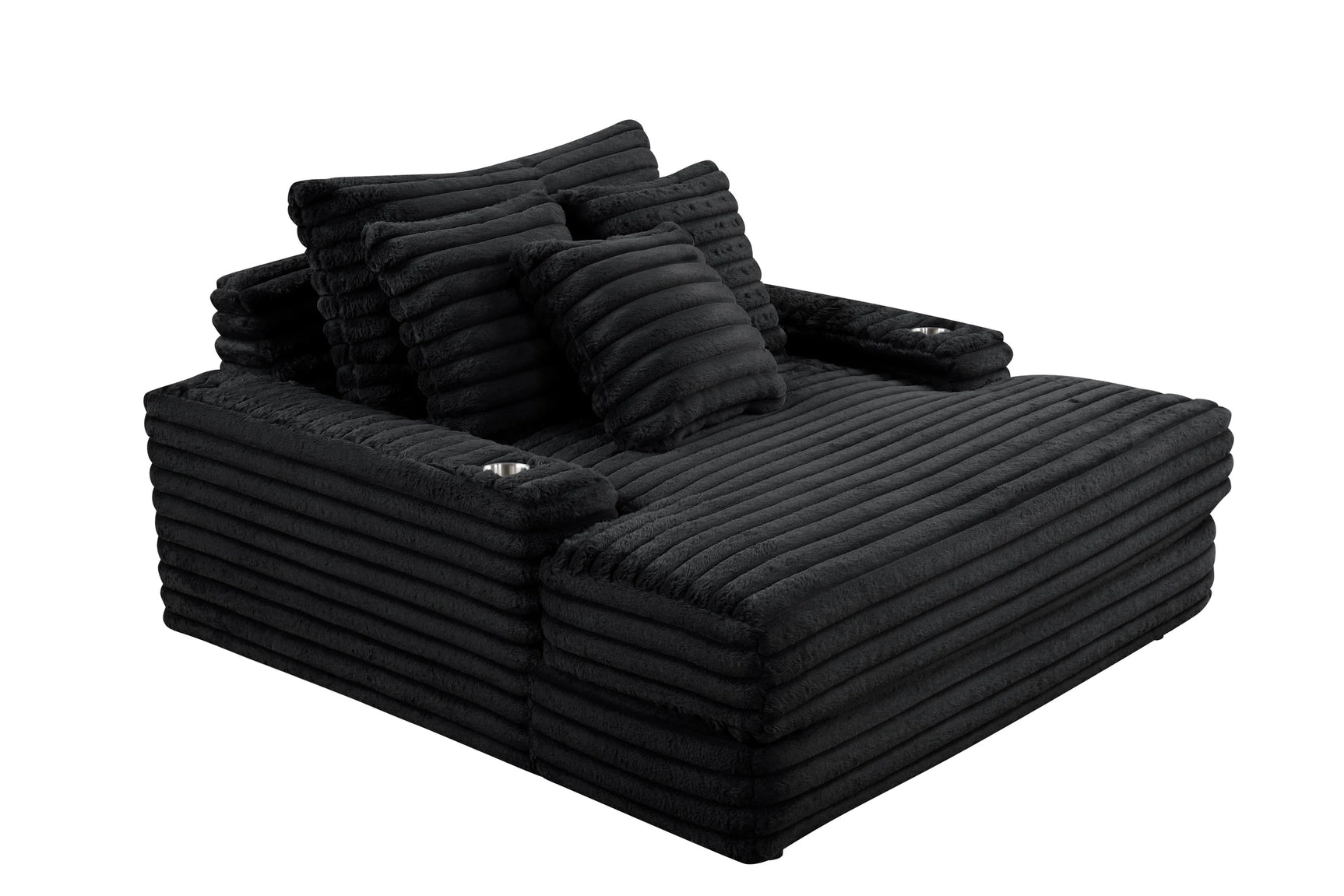 Angled view of Fortin black fur cord fabric chaise lounge