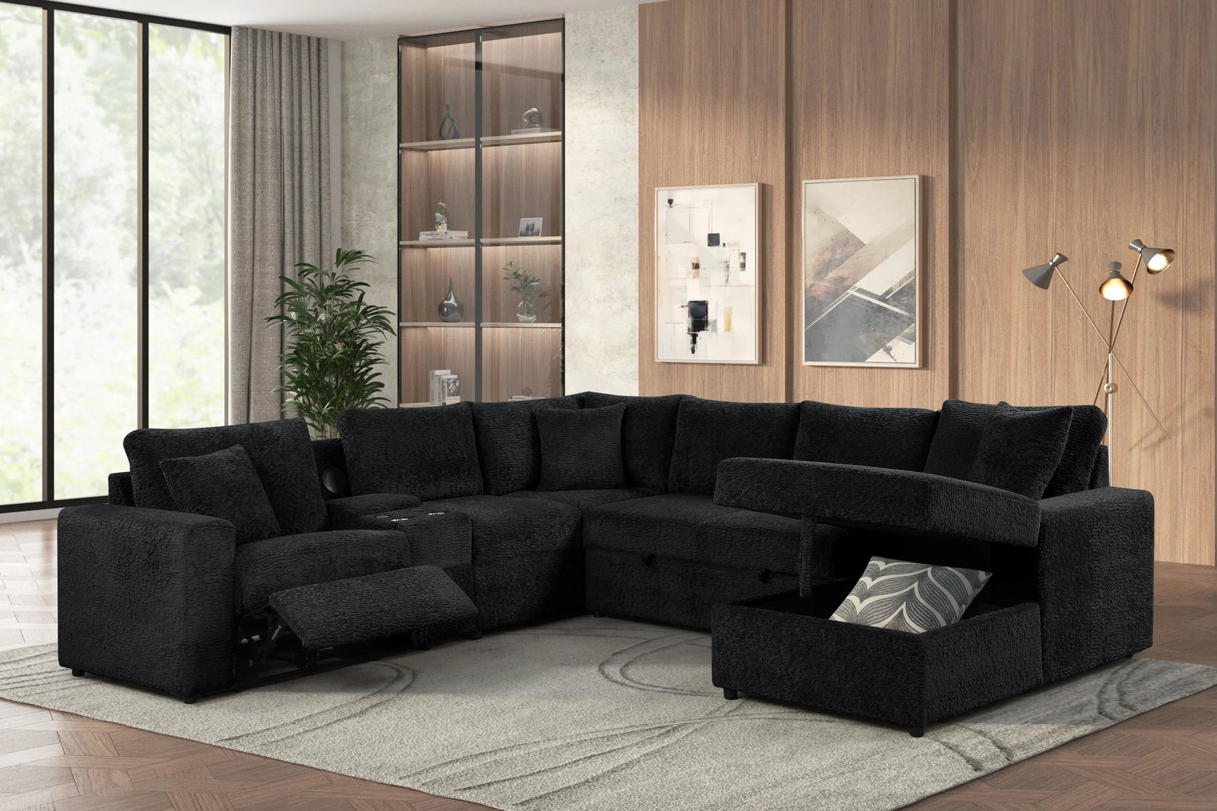 Side view of Hunter Black fabric sectional sofa