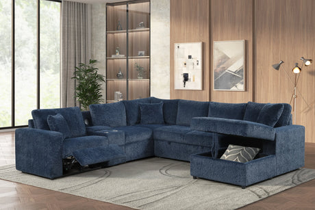 Side view of Hunter Blue fabric sectional sofa