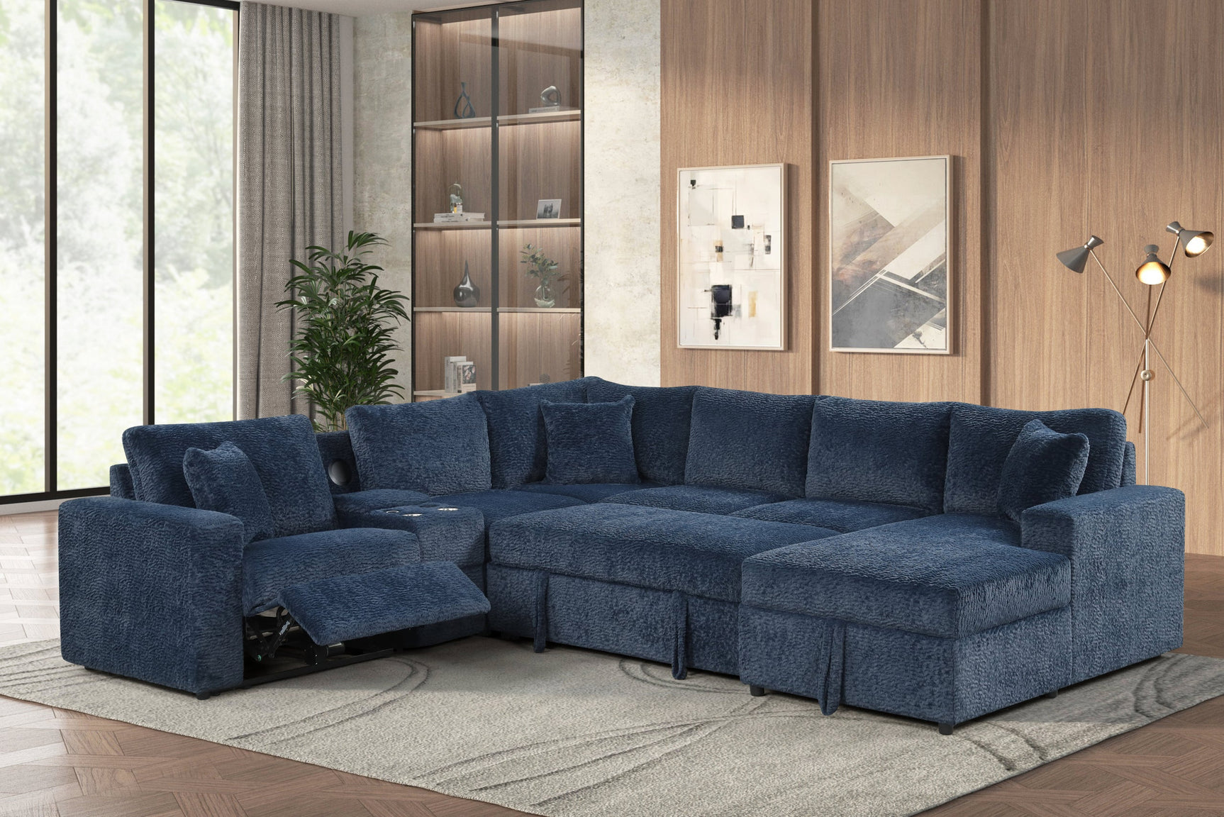 Close-up detail of Hunter Blue fabric sectional