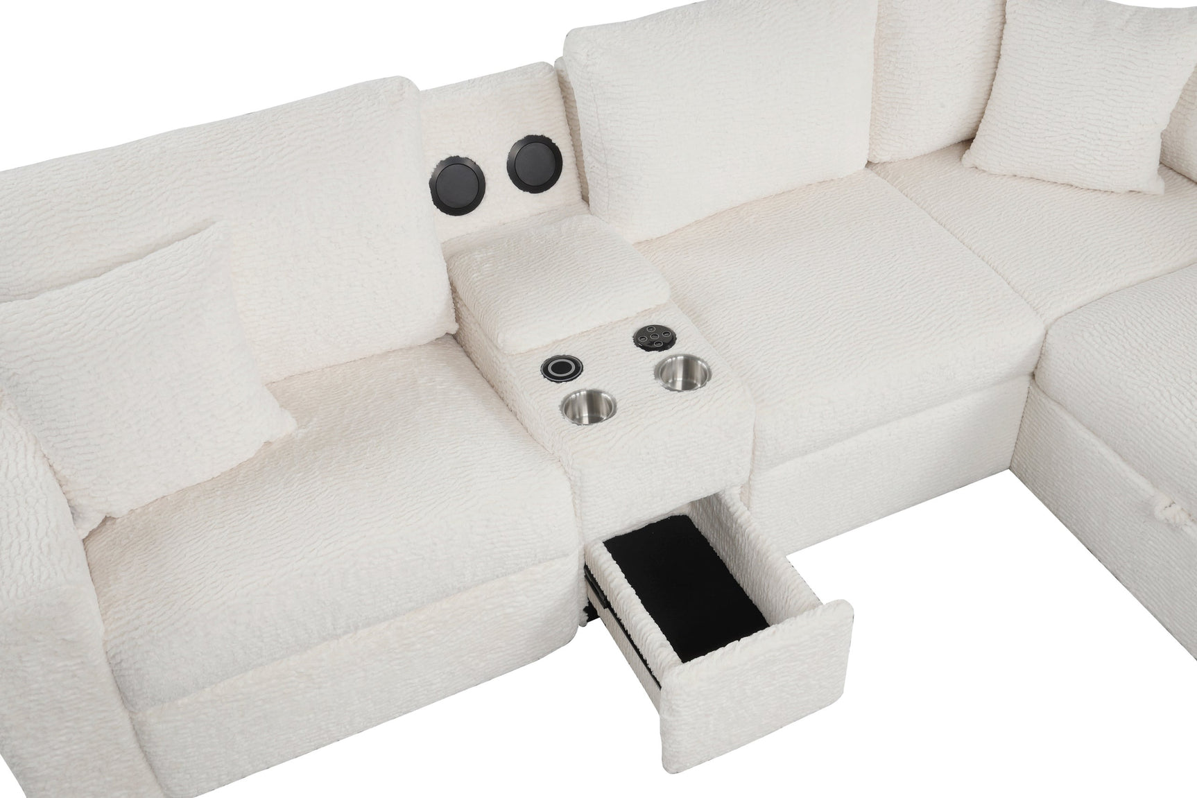 Living room setting with Hunter White Fabric Sectional and pull-out bed extended