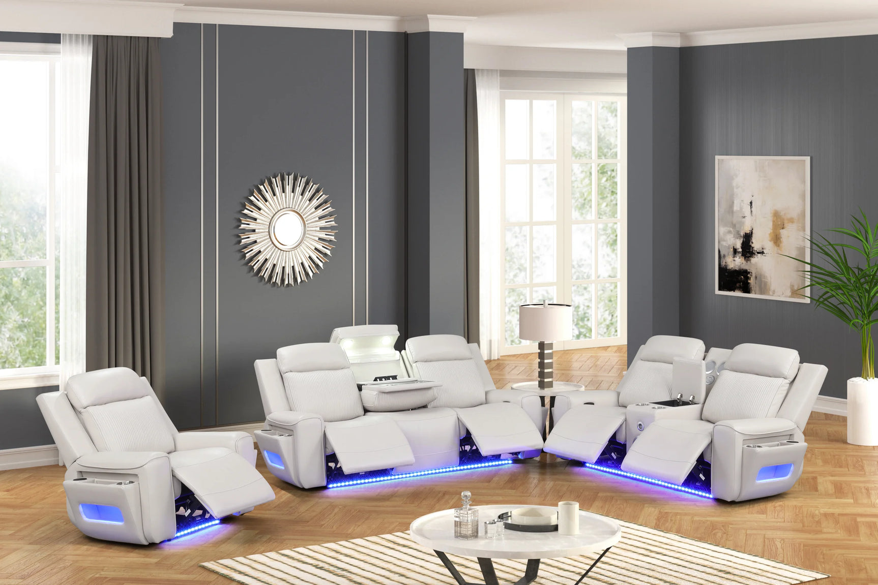 Close-up of Rolls Royce loveseat armrest with storage and cup holder