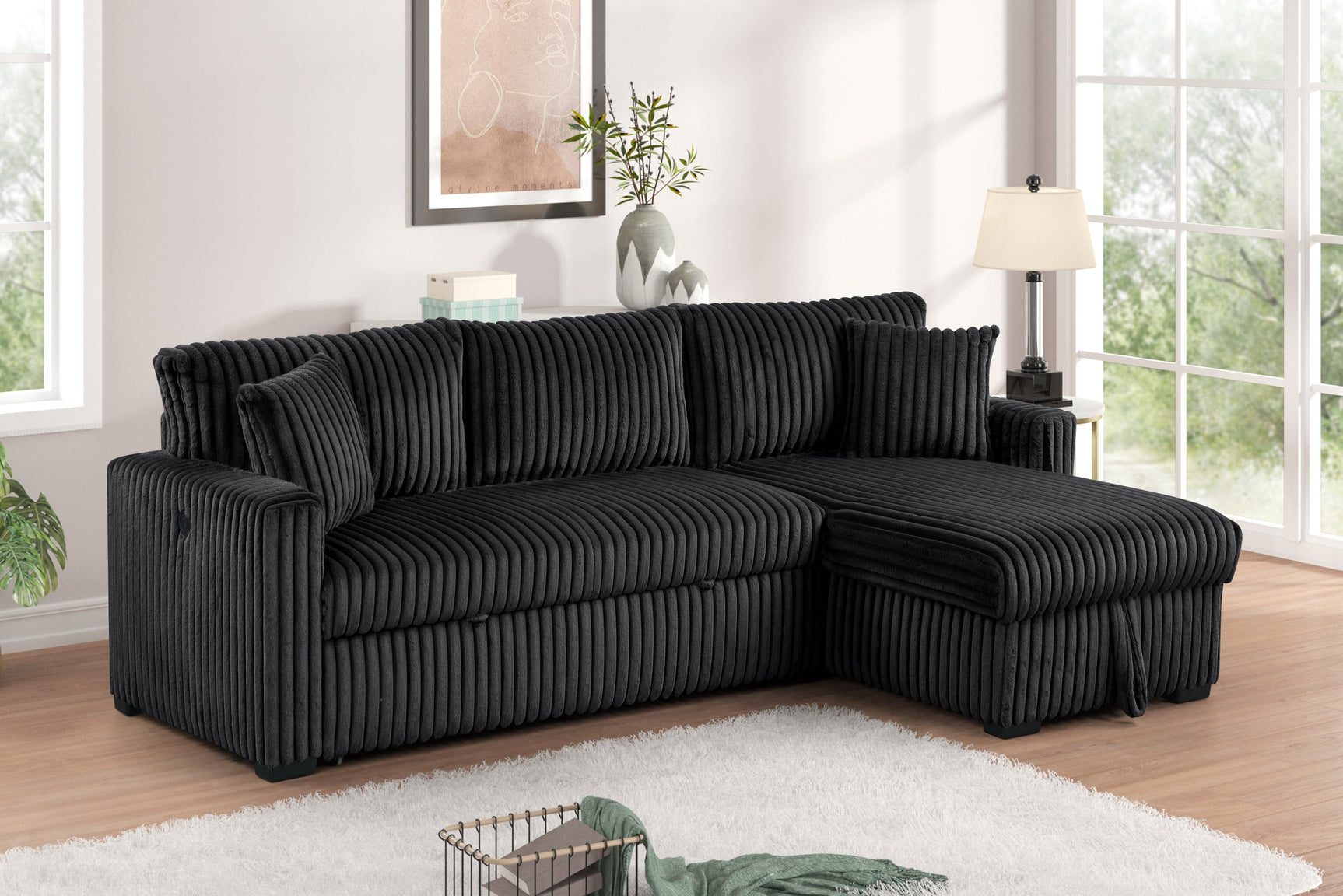 Detail view of black fabric on Aria Sectional Sofa with pull-out bed