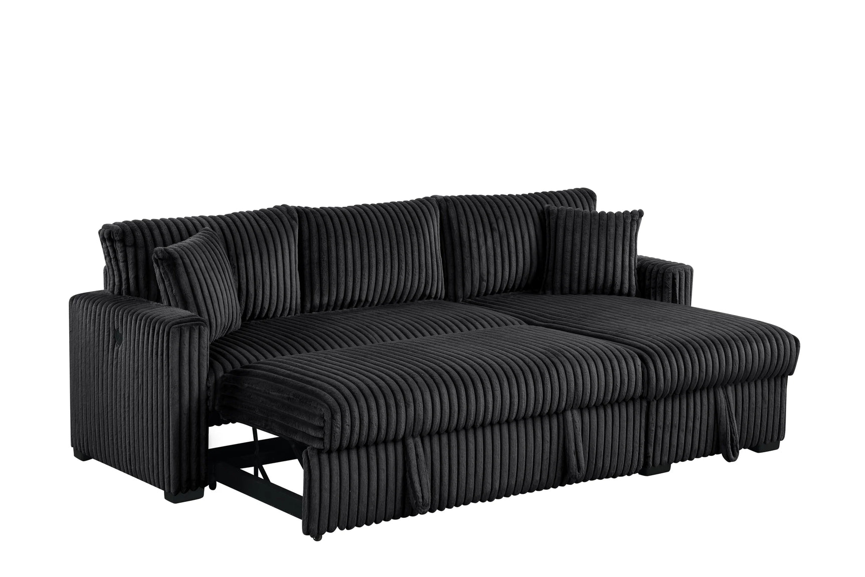 Room view showing Aria Black Fabric Sectional Sofa with chaise and bed pulled out