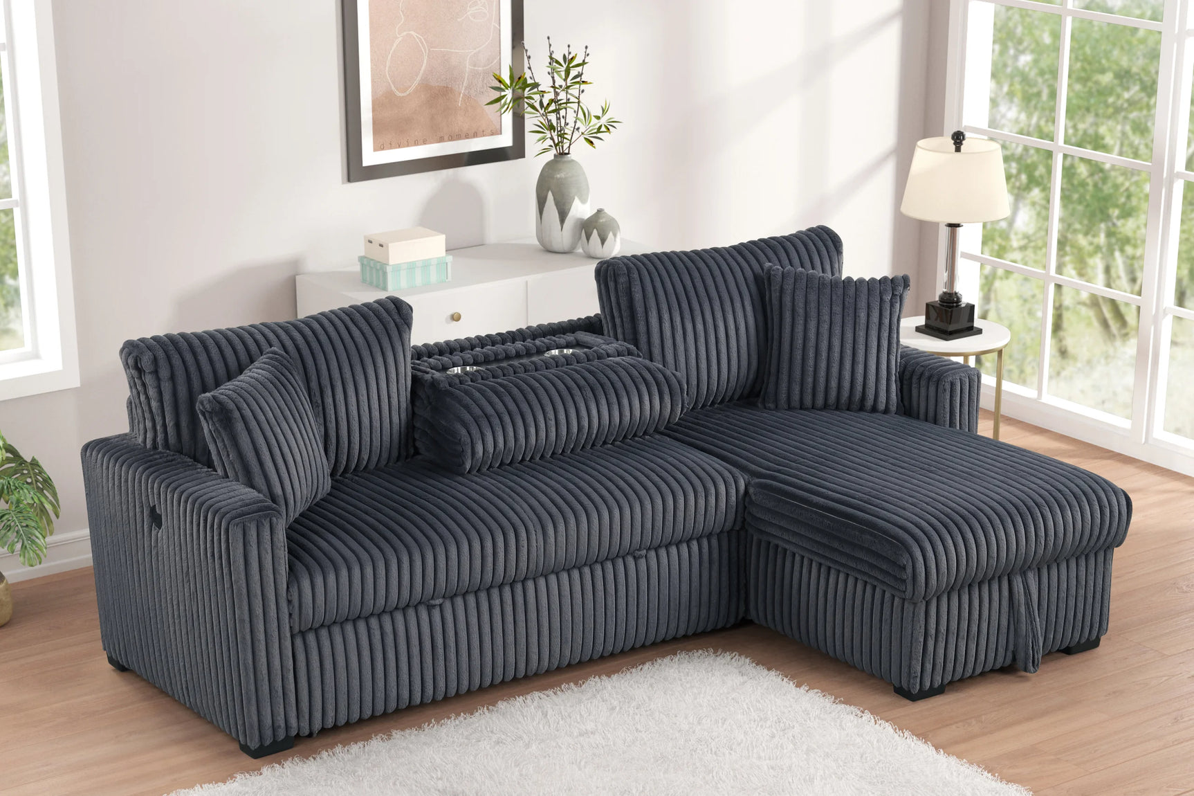 Side view of Aria Charcoal sectional sofa highlighting chaise