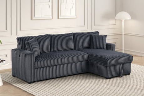 Close-up detail of charcoal cord fabric on Aria sectional
