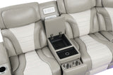 Close-up of wireless charging tray and speaker technology on Ibiza sectional
