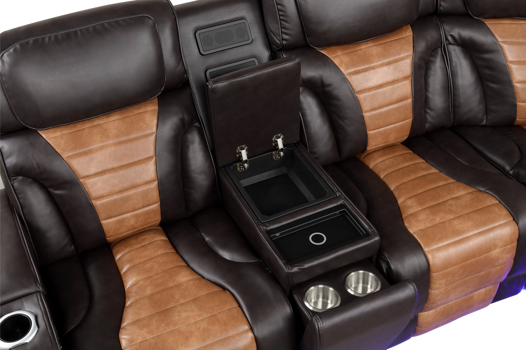 Close-up of power recliner and control panel on Ibiza sectional