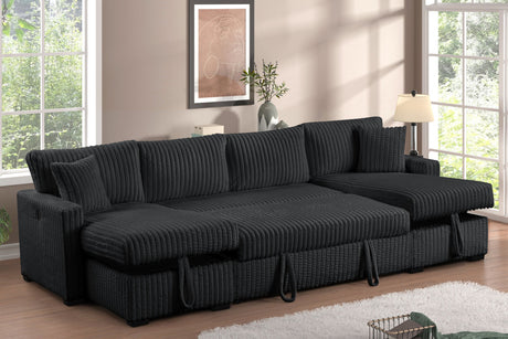 Side view of July Black sectional sofa showing black upholstery and chaise